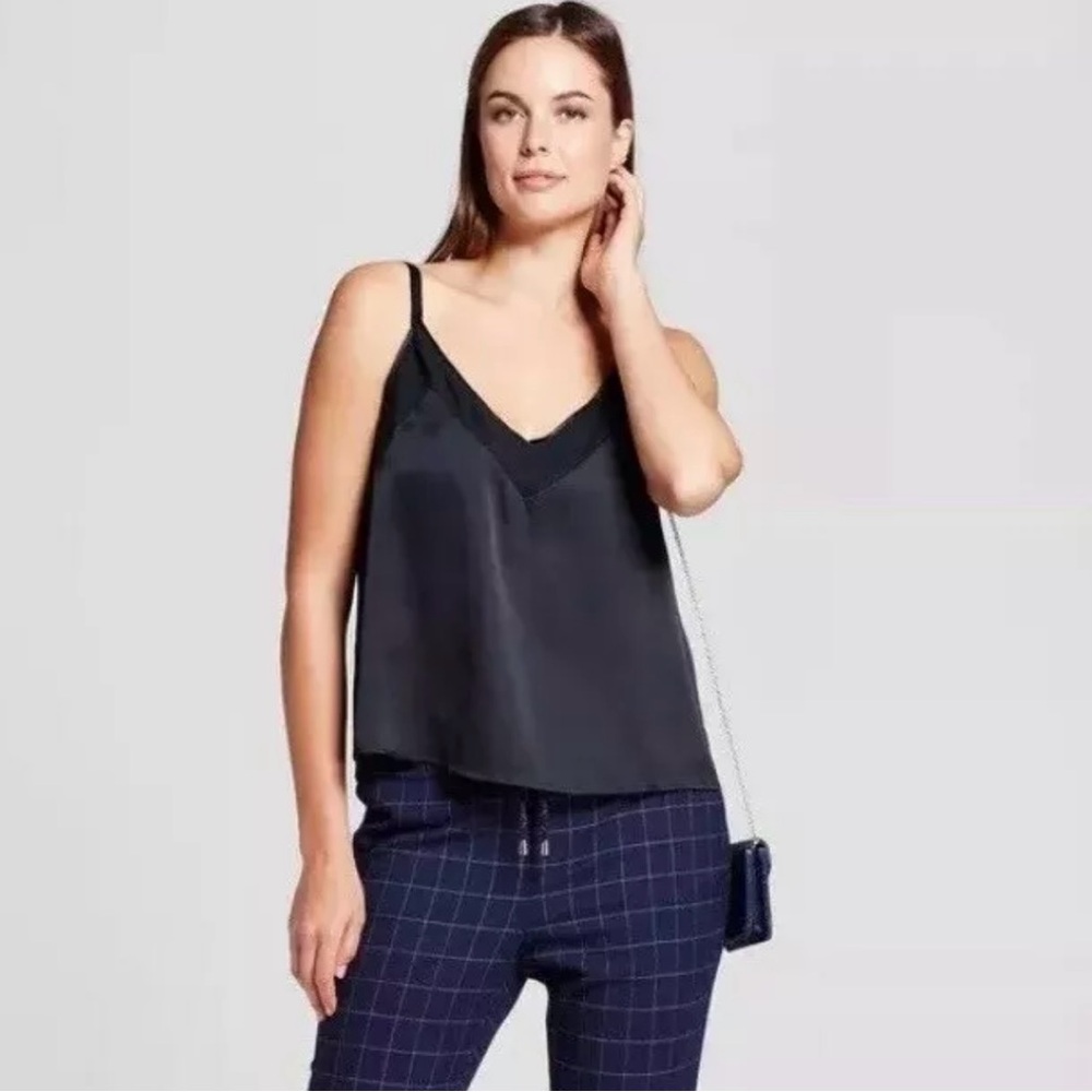 Matte Black Satin Essential V Neck Camisole . Medium. NWT